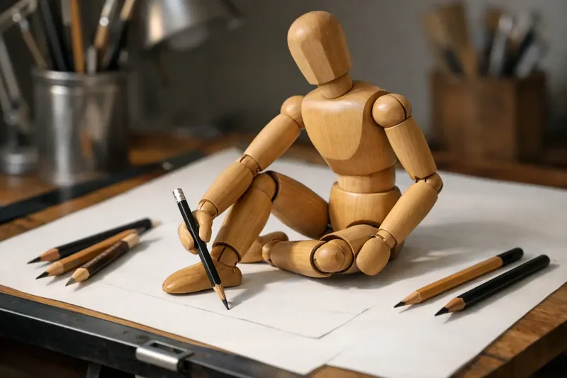 A wooden artist's mannequin seated on a sheet of paper and holding a pencil, with more pencils and a drawing board around it.