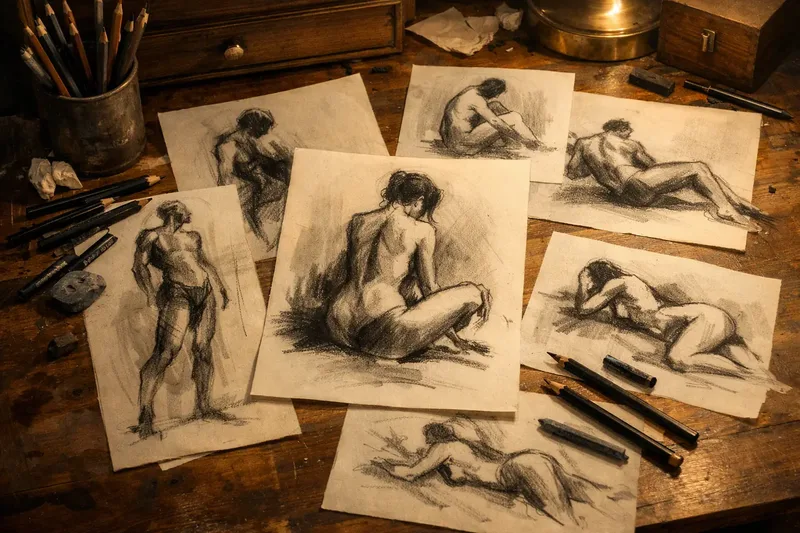 Charcoal figure drawings on loose sheets of paper spread over a worn wooden desk, with pencils, a charcoal stick and a kneaded eraser.