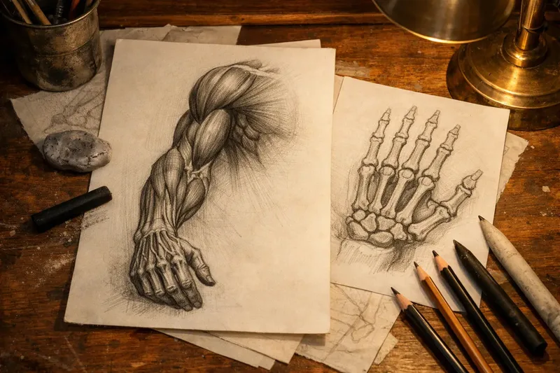 A pencil drawing of an arm and hand showing the muscles beside a drawing of the bones of a hand, with pencils and a brass lamp.